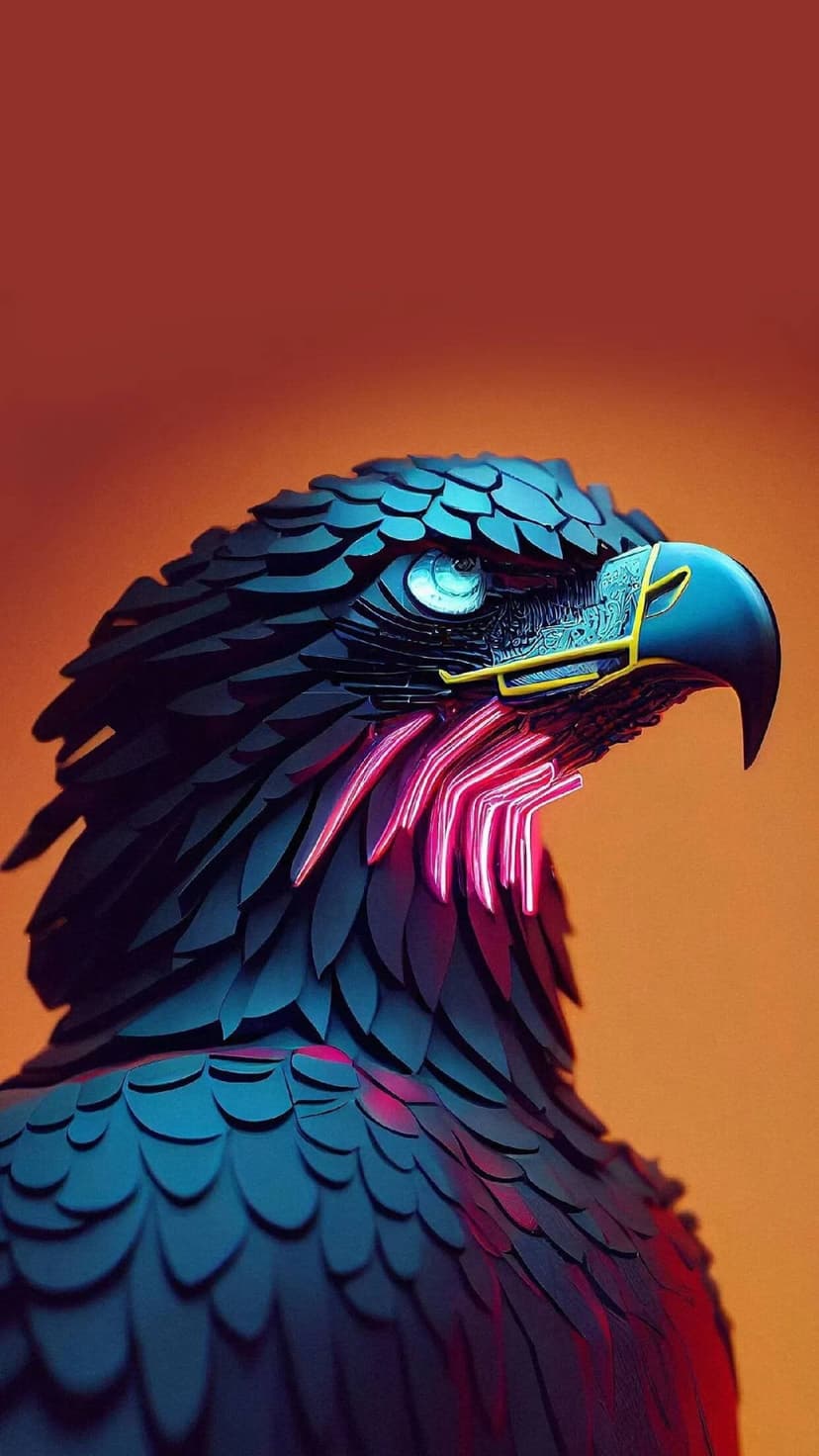 Cybernetic eagle head with blue feathers, glowing pink circuitry, and a gold beak against an orange background.