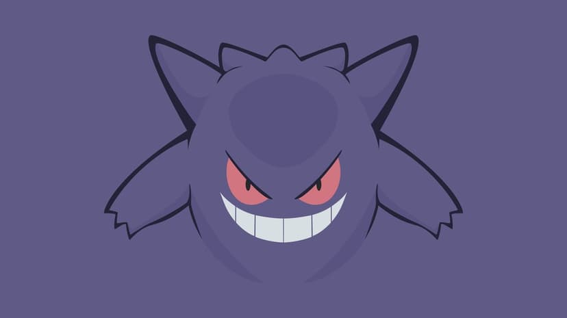 Gengar Pokémon with glowing red eyes and a wide grin centered on a flat purple background in a vector art style.