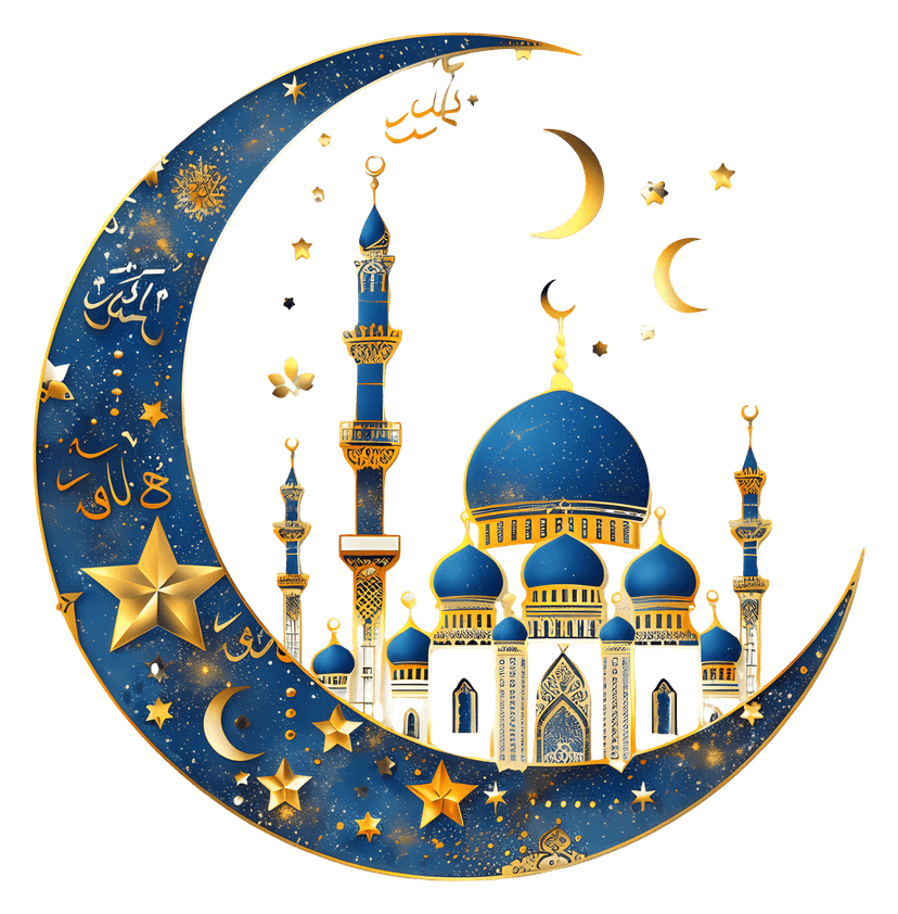 Islamic mosque silhouette featuring a blue crescent moon and star motif on a high-resolution transparent background.