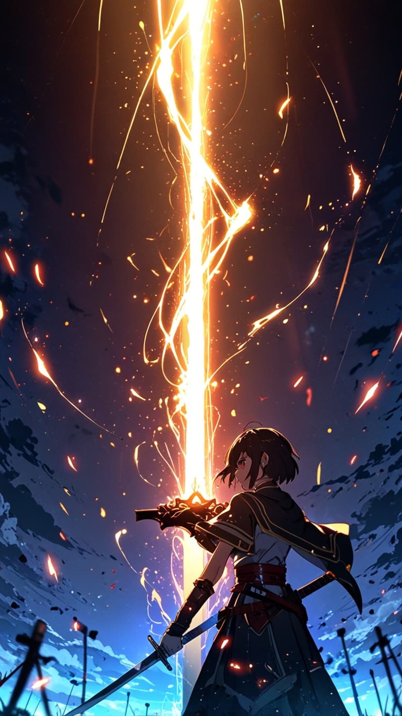 Dual-wielding swordsman summons a column of golden fire and glowing embers against a dark, stormy night sky.