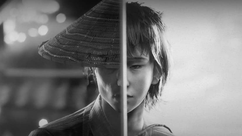 Young samurai split portrait with conical hat and sword blade in high-contrast black and white cinematic style.