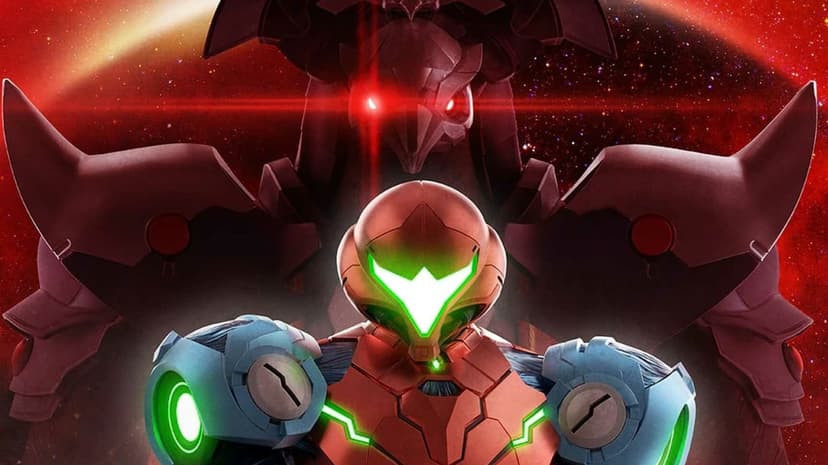 Samus Aran in metallic blue and red armor stands before a massive armored figure with glowing red eyes in space.