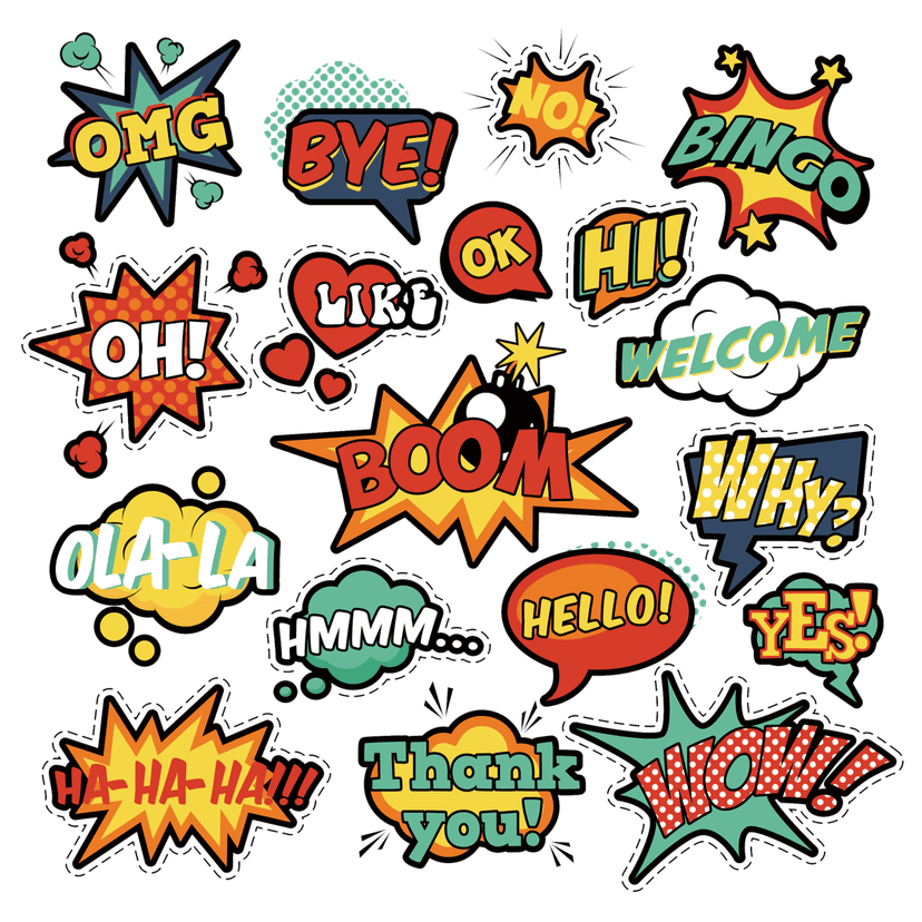 Speech bubbles set featuring various shapes with thick blue outlines and white fills on transparent background.