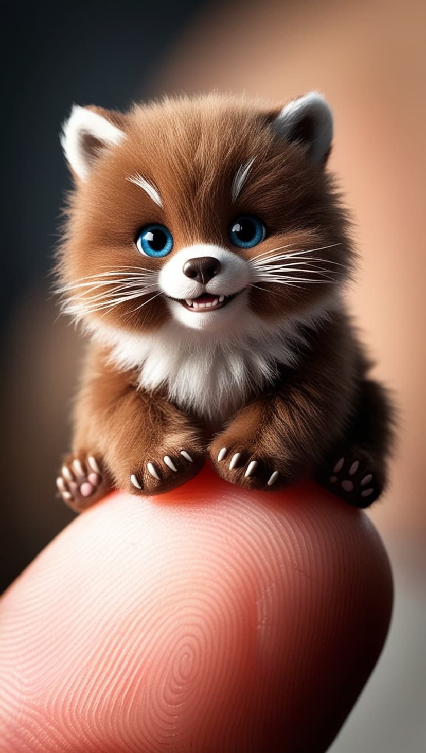 Tiny raccoon with blue eyes and fluffy fur perched on the tip of a human finger with visible skin textures.