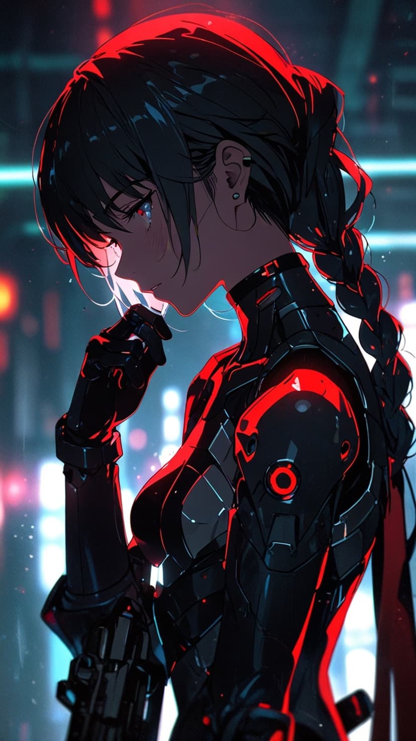 Woman with black braided hair and blue eyes wearing a black suit with red lights against a neon city.