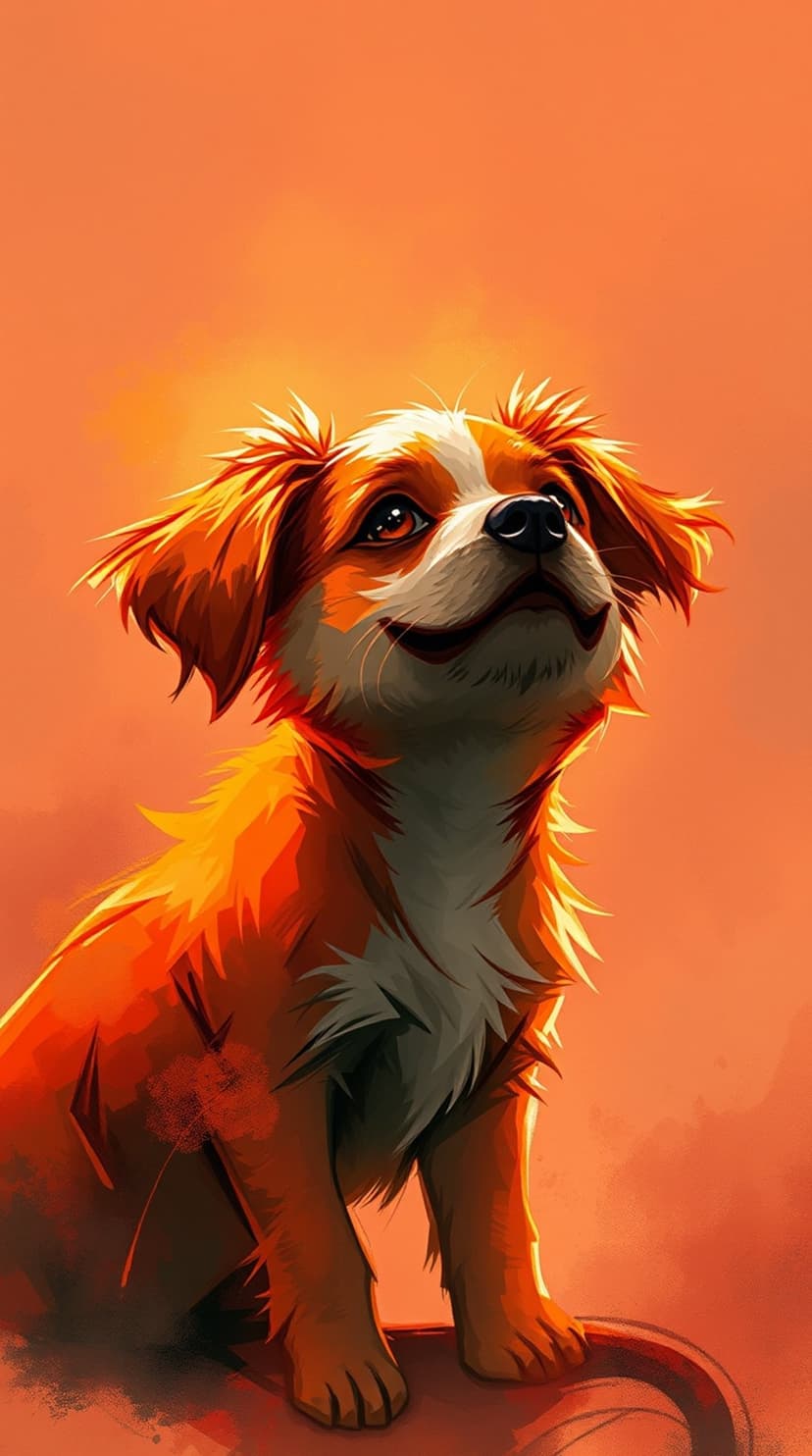 Fluffy orange and white puppy looking up with large expressive eyes against a vibrant gradient orange background.