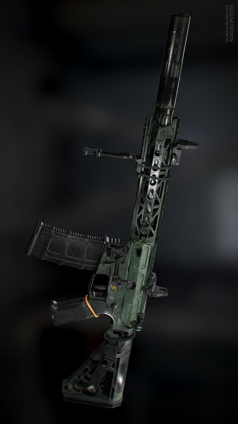 AR-15 rifle with a dark green finish, suppressor, skeletonized handguard, and orange accents on a dark background.