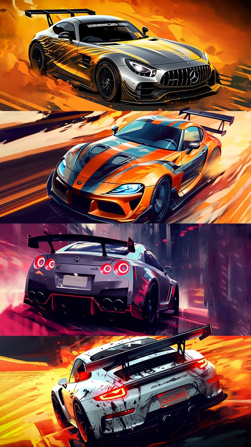 Four colorful sports cars race forward with heavy motion blur and glowing neon streaks on a dark track surface.
