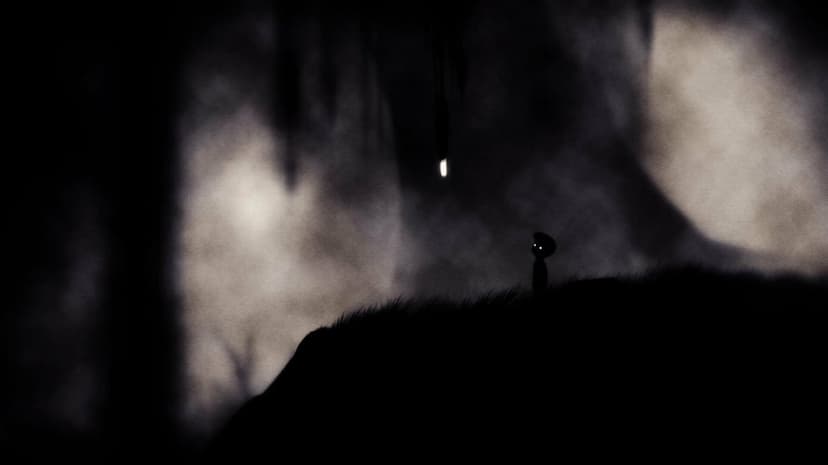 Boy silhouette with glowing eyes stands on a grassy hill under a hanging light in a dark misty forest.