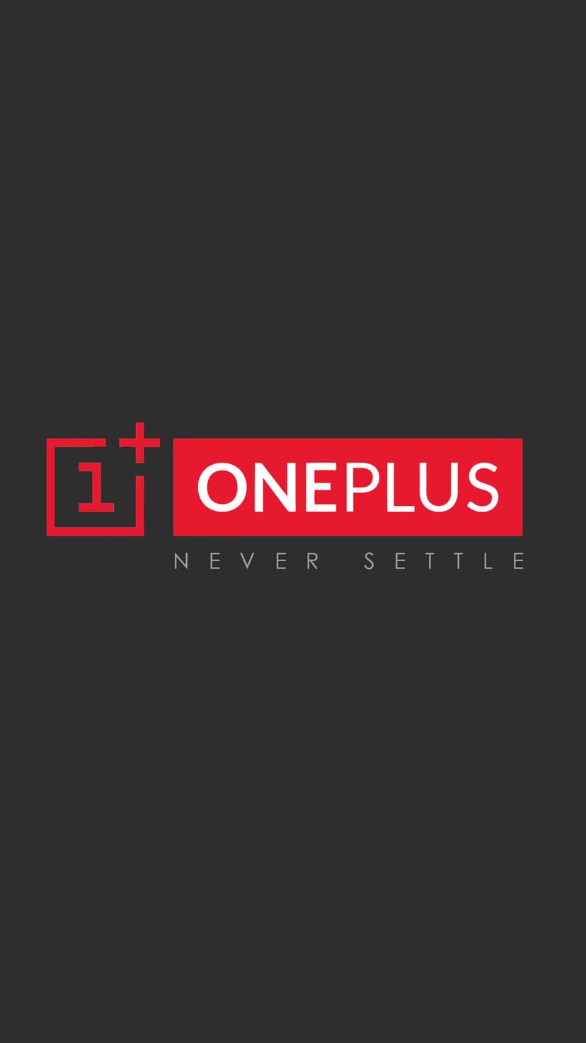 OnePlus red square 1 plus icon and gray Never Settle text centered on a clean white smartphone background.