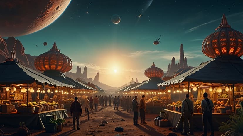 Ornate market stalls and glowing lanterns stand beneath a massive planet and moon in a dusty alien bazaar.