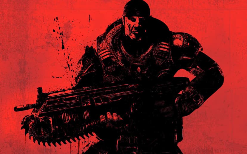 Marcus Fenix holding a Lancer rifle with chainsaw in a red and black ink-splatter gaming background.