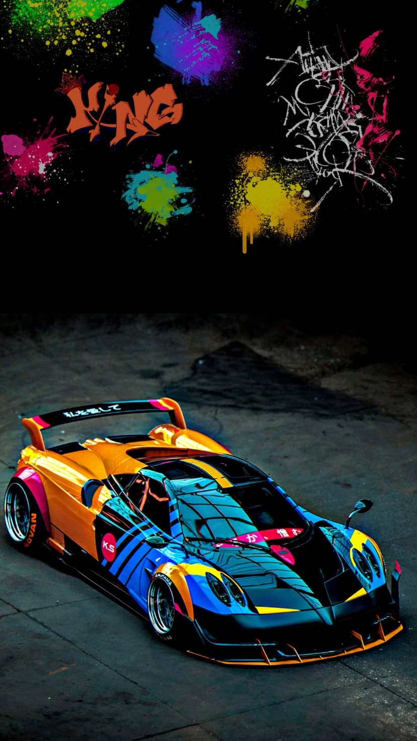 Graffiti-clad supercar with neon paint splashes and abstract street art lettering on a black background.