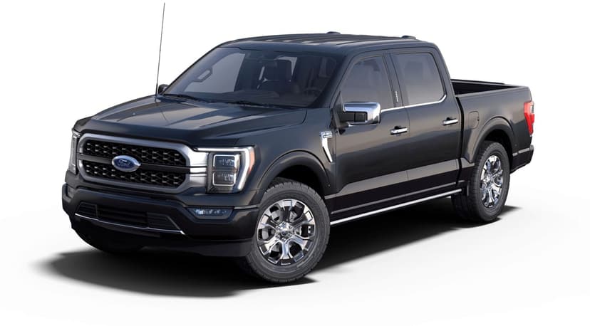 Black Ford F-150 Platinum truck with polished chrome accents and LED lights on a white studio background.