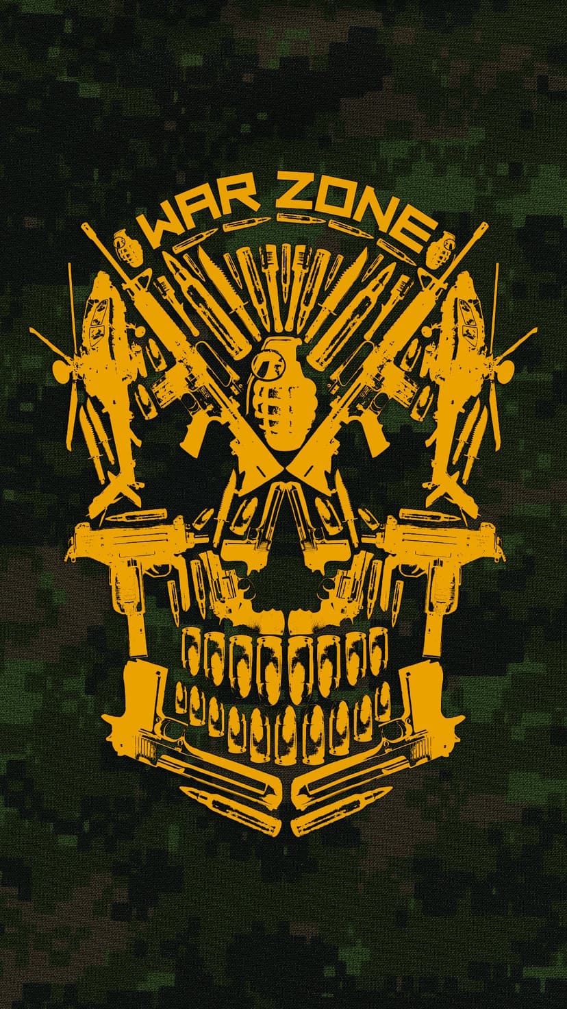 Skull silhouette made of assault rifles and grenades displayed against a dark digital camouflage texture.