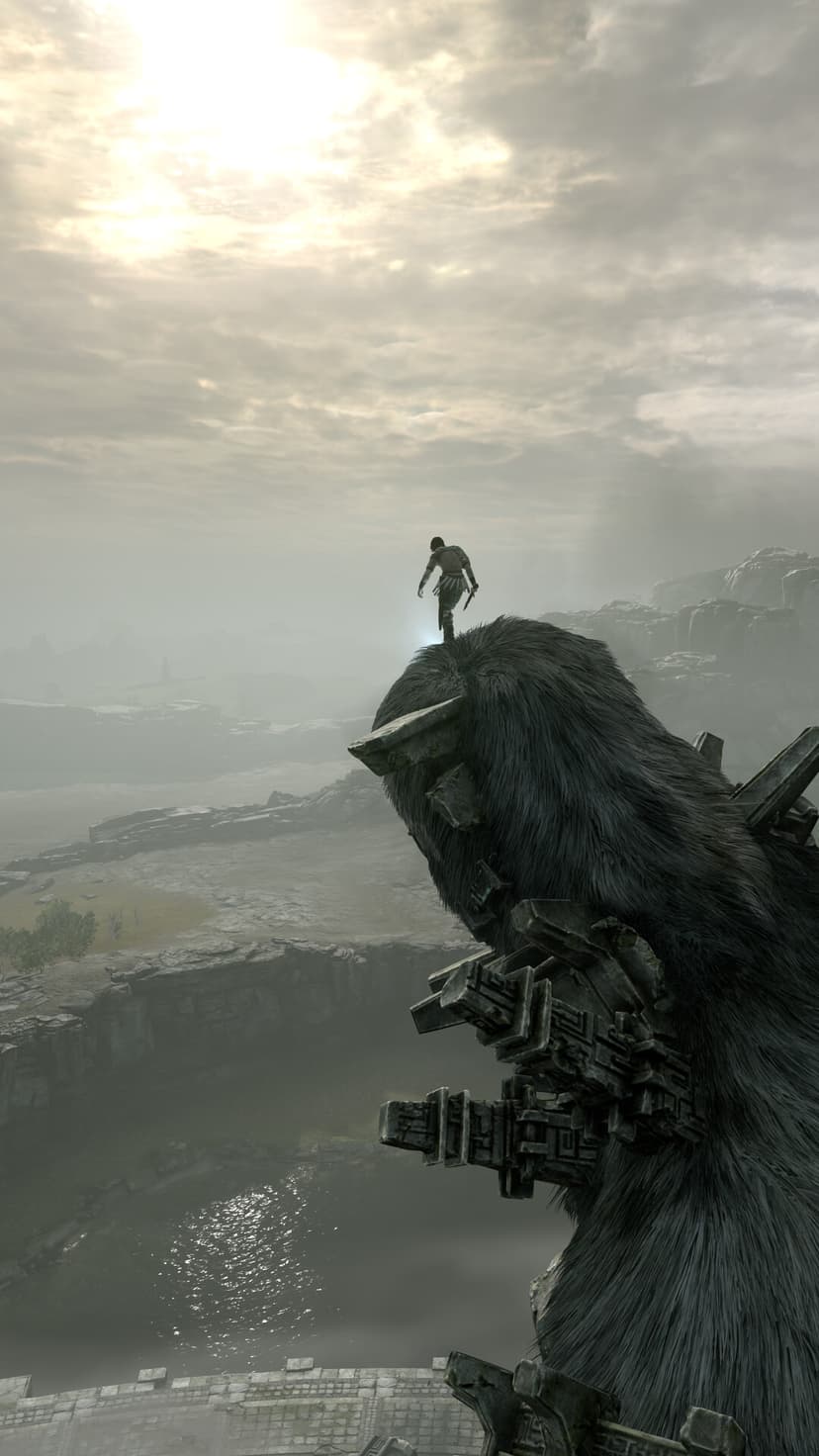 Silhouette of a lone warrior standing on the head of a massive fur-covered stone giant in a misty valley.