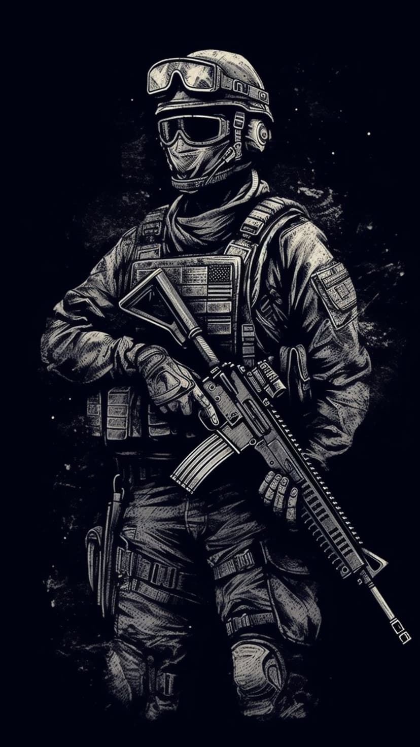 Soldier in a tactical helmet and goggles holds a rifle against a dark textured backdrop with an American flag.