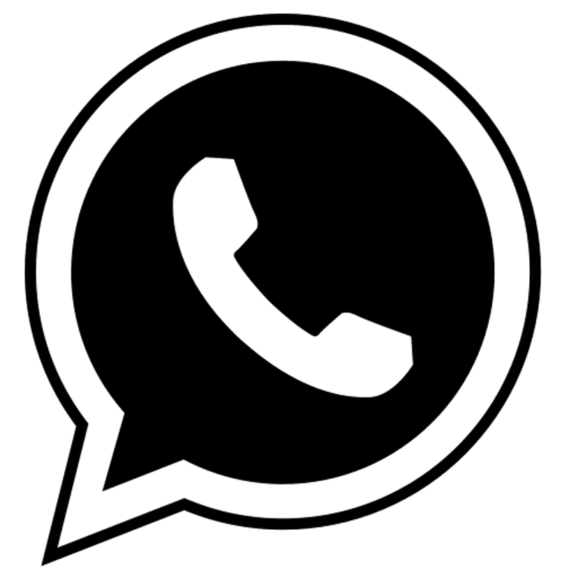 WhatsApp logo in solid black features a clean speech bubble silhouette on a transparent background for UI.