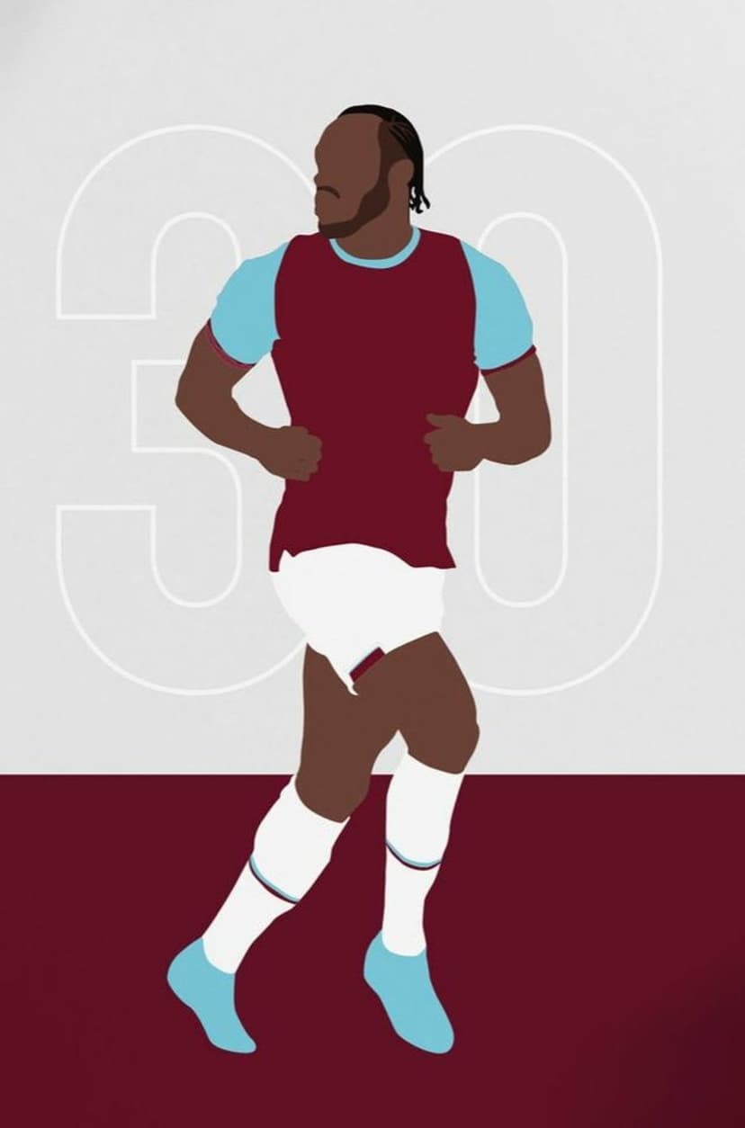 West Ham footballer sprints in claret and blue home kit with a large translucent number 30 in the background.