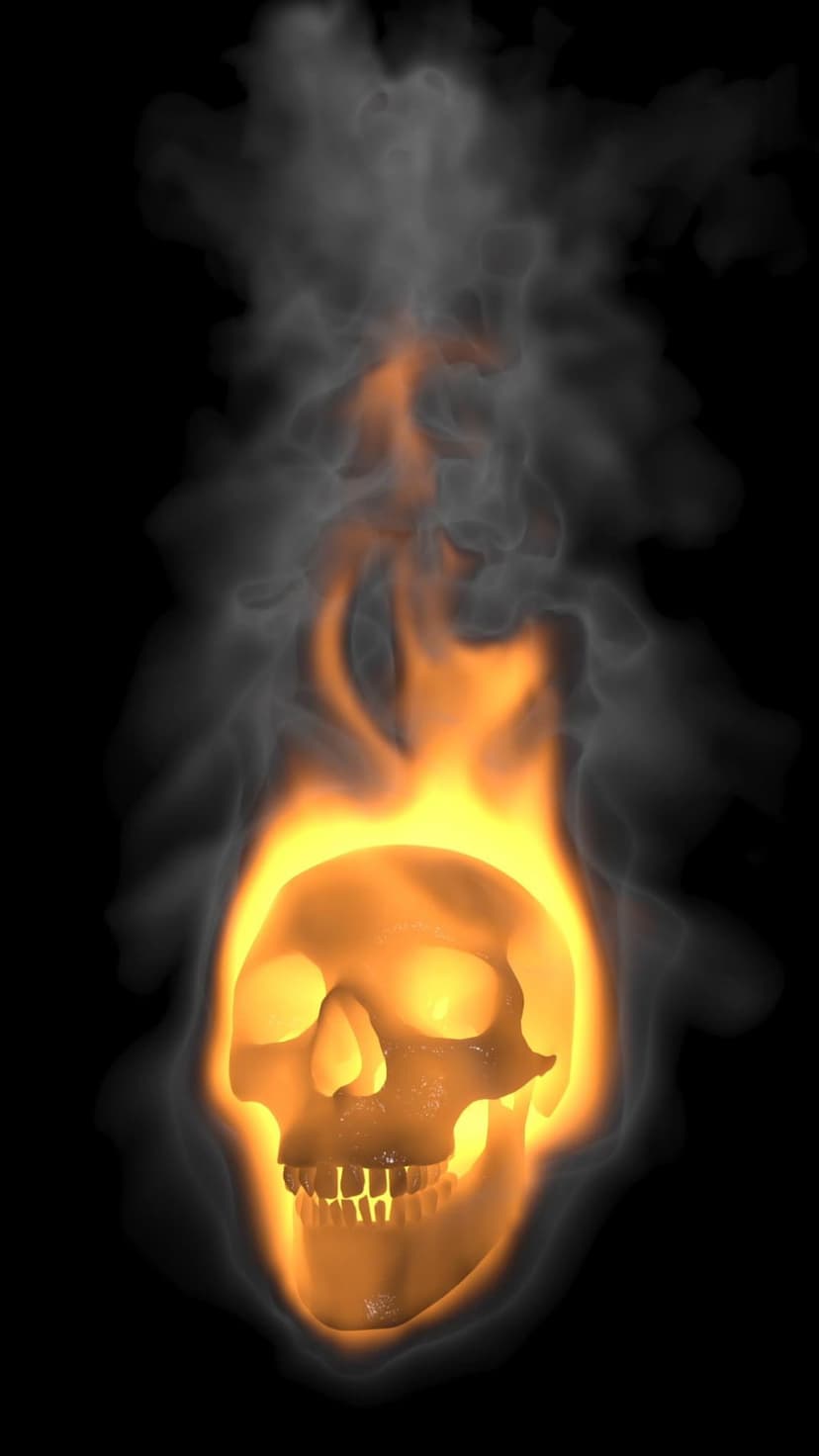 Human skull engulfed in vibrant orange flames and grey smoke curls against a high-contrast black backdrop.