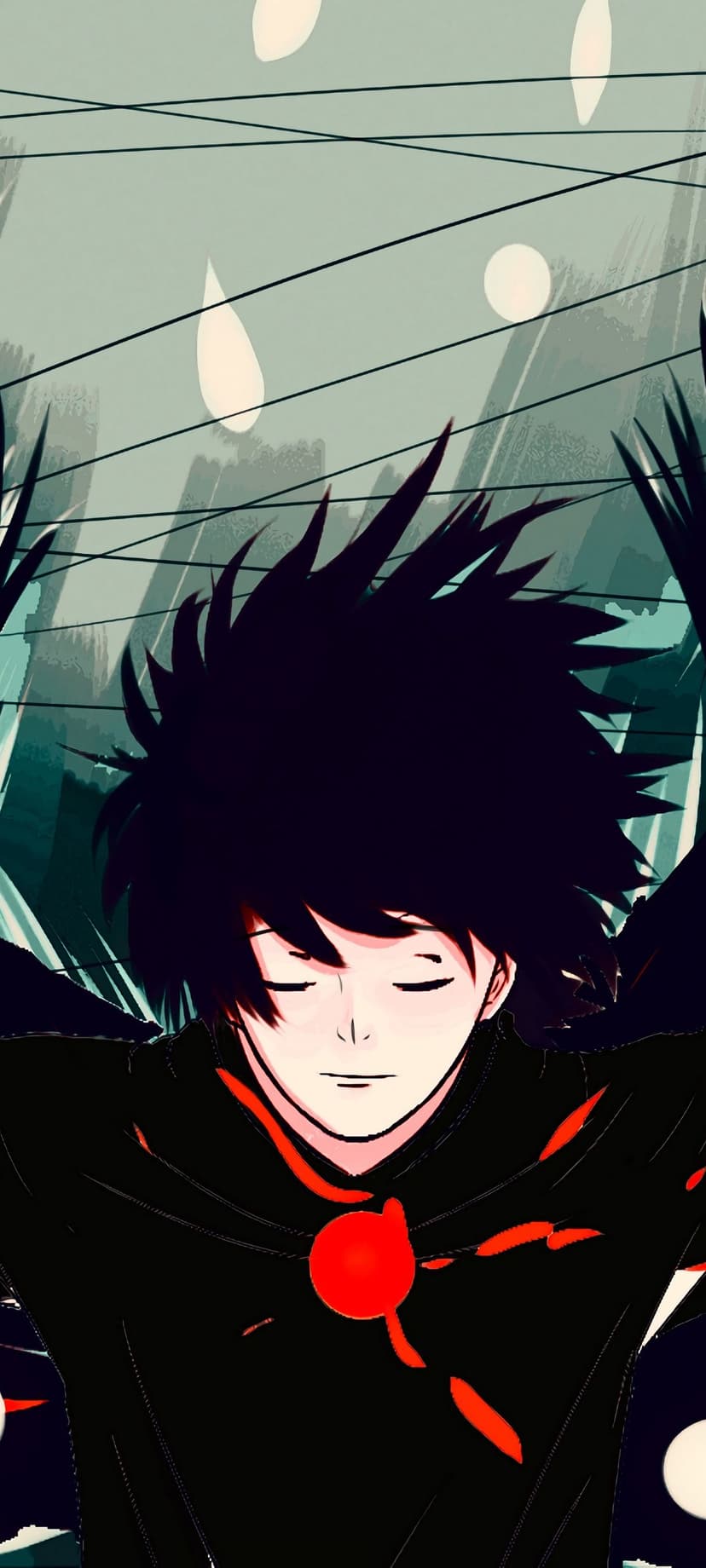 Dark-haired anime boy with feathery black wings, closed eyes, and a red emblem on a black chest plate.