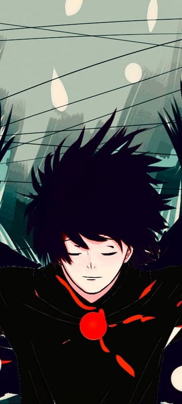 Anime character with black hair and wings in dark attire