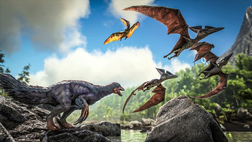 Feathered dinosaur roaring at flying pteranodons over a tropical coastline with mountains under a blue sky.