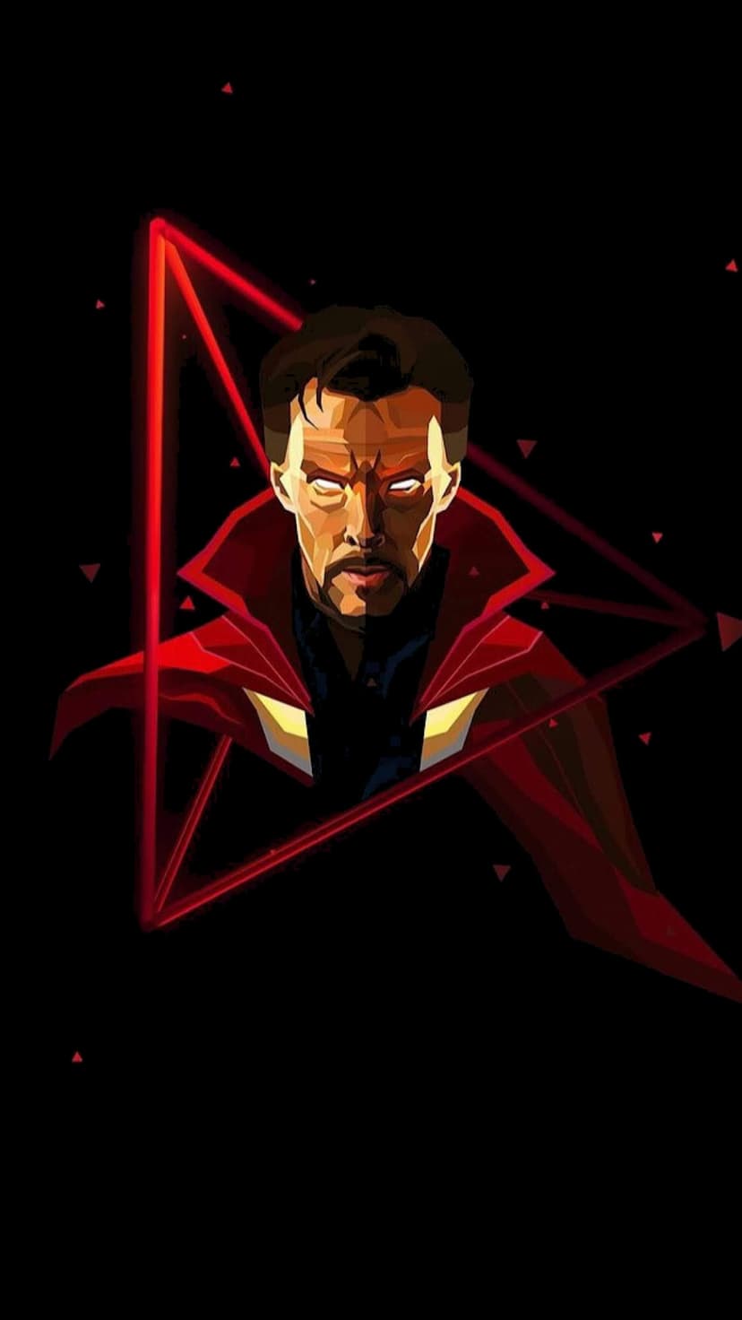 Doctor Strange with glowing white eyes and a red cloak stands before sharp, angular geometric shapes on a dark background.