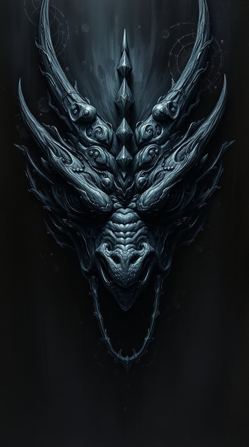 Dragon head with sharp scales and intense eyes emerging from deep shadows in a monochromatic, high-contrast style.