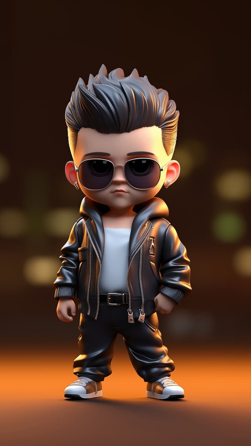 Stylized boy wearing a black leather jacket, sunglasses, and gold sneakers against a blurred city background.