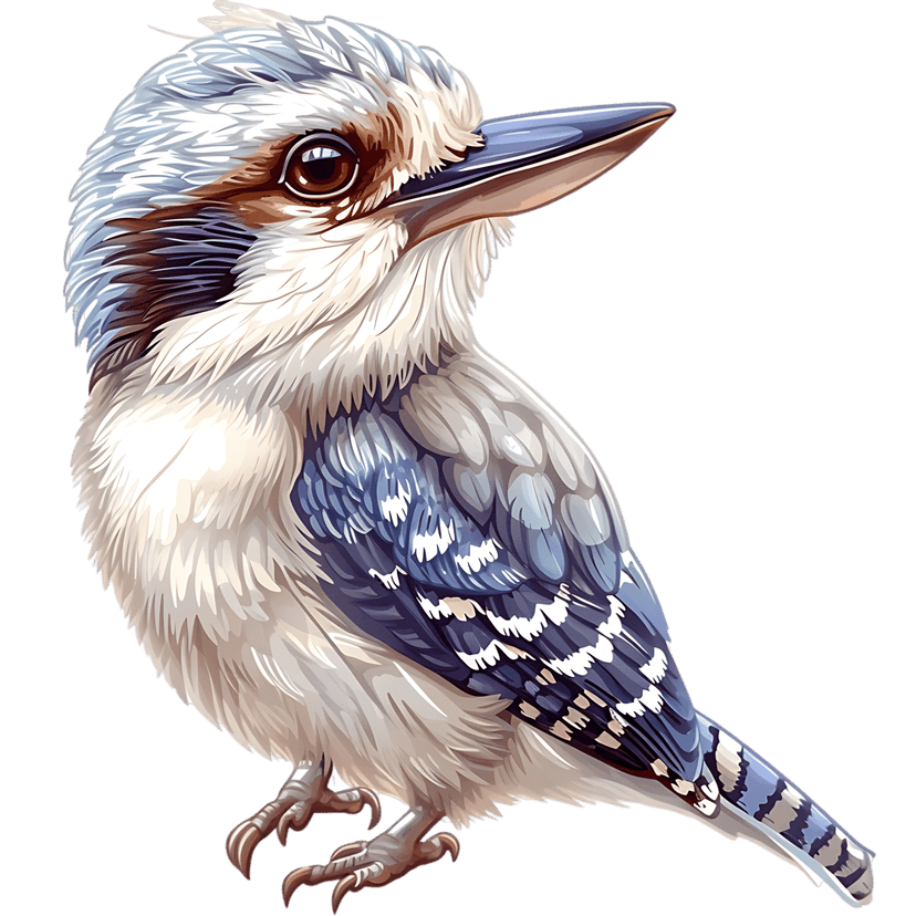 Kookaburra bird illustration featuring detailed white and brown feathers with a large dark beak in profile view.