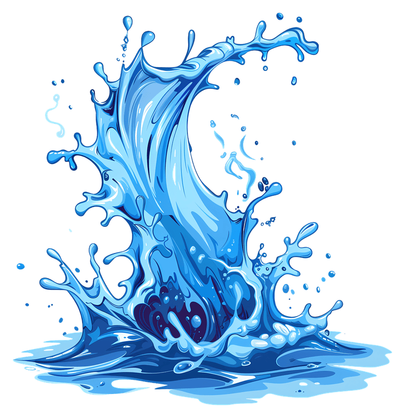 Realistic blue water splash featuring glossy liquid droplets and curved fluid waves on a transparent background.