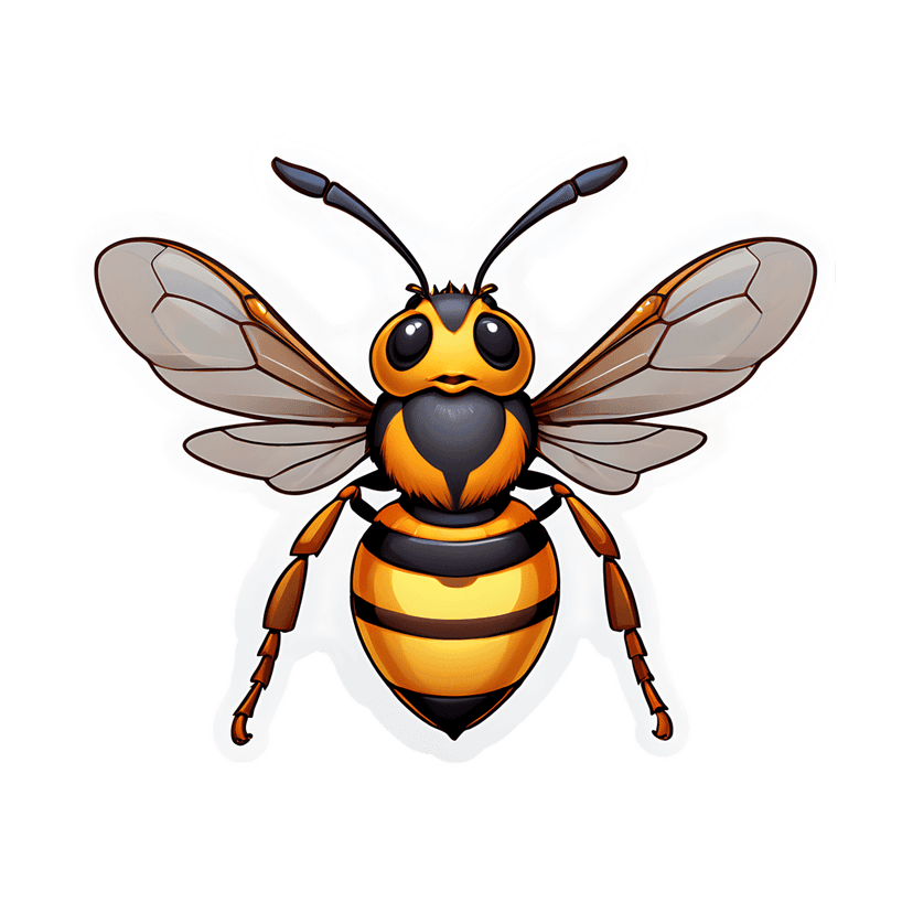 Yellow black bee sticker with glossy texture, large eyes, and translucent wings on a white die-cut border.