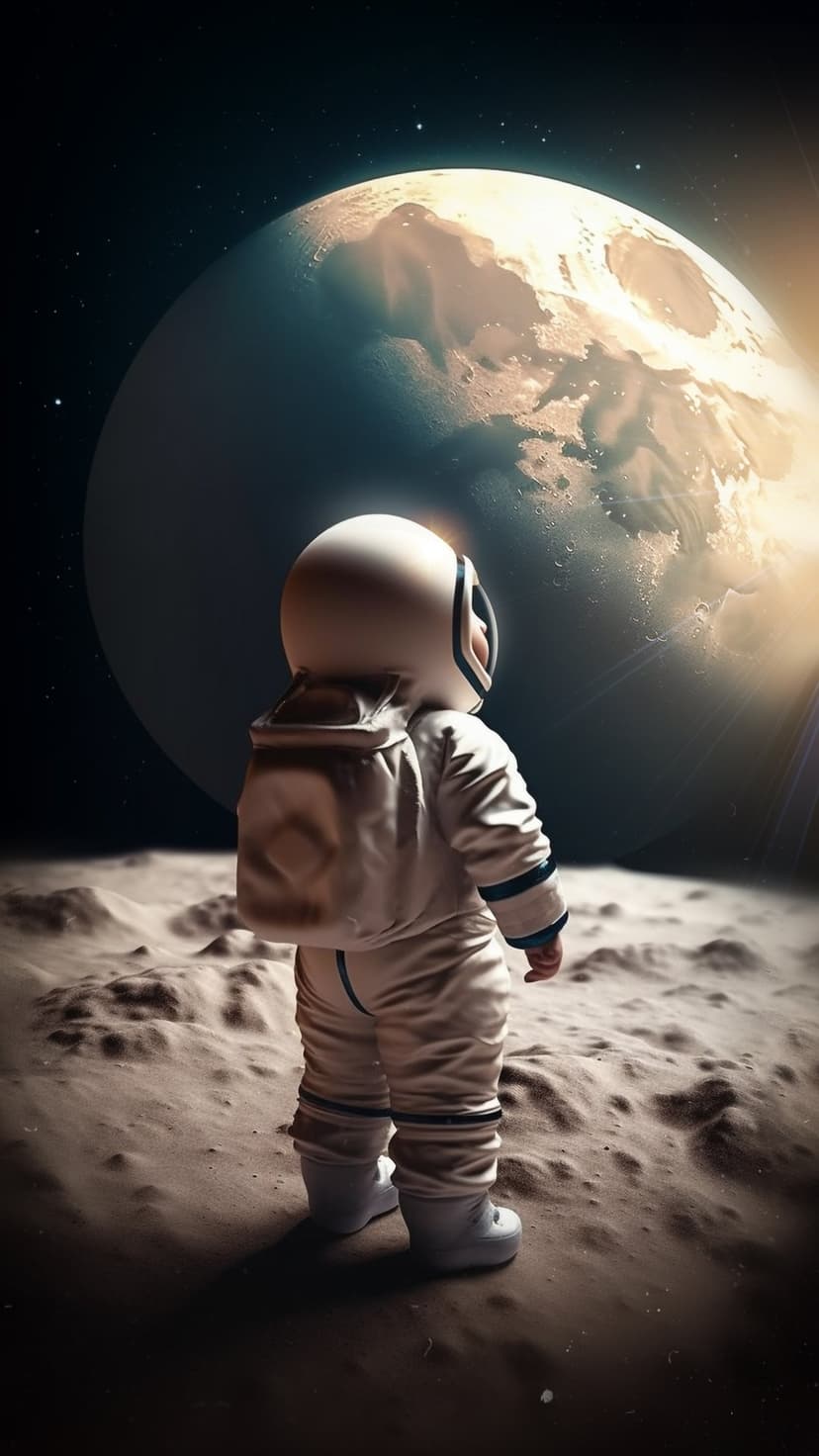 Child astronaut in a white suit standing on a cratered moon surface looking at a massive glowing planet.