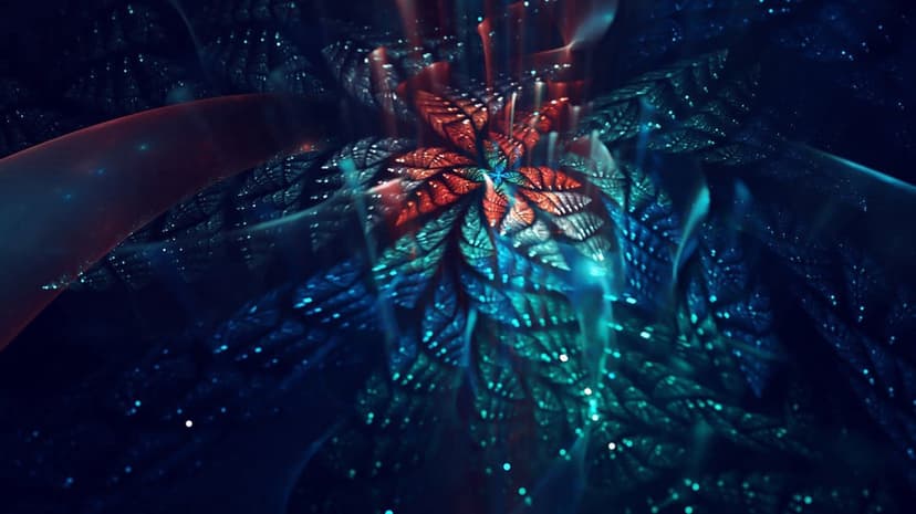 Symmetrical fractal flower with glowing blue and red petals surrounded by floating light particles and embers.