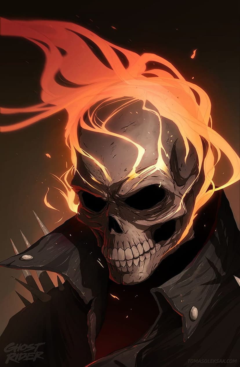 Skeletal face of Ghost Rider engulfed in bright fire wearing a black studded leather jacket in the shadows.