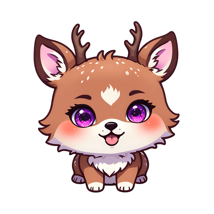 brown deer fawn sticker with white spots and purple eyes faces forward featuring a thick white die-cut border.