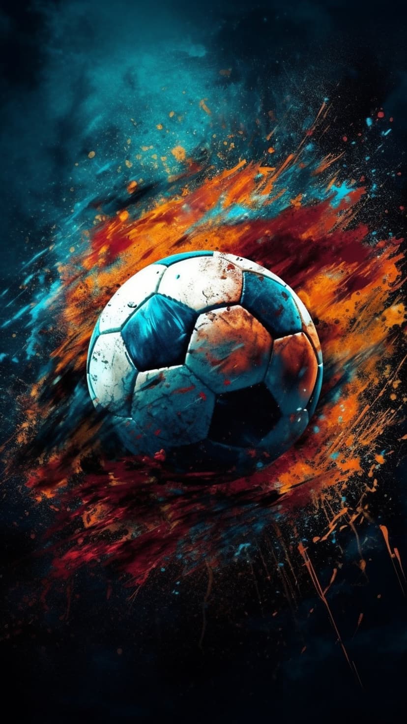 Hexagonal soccer ball amidst energetic blue and orange paint splatters with a gritty, textured artistic finish.