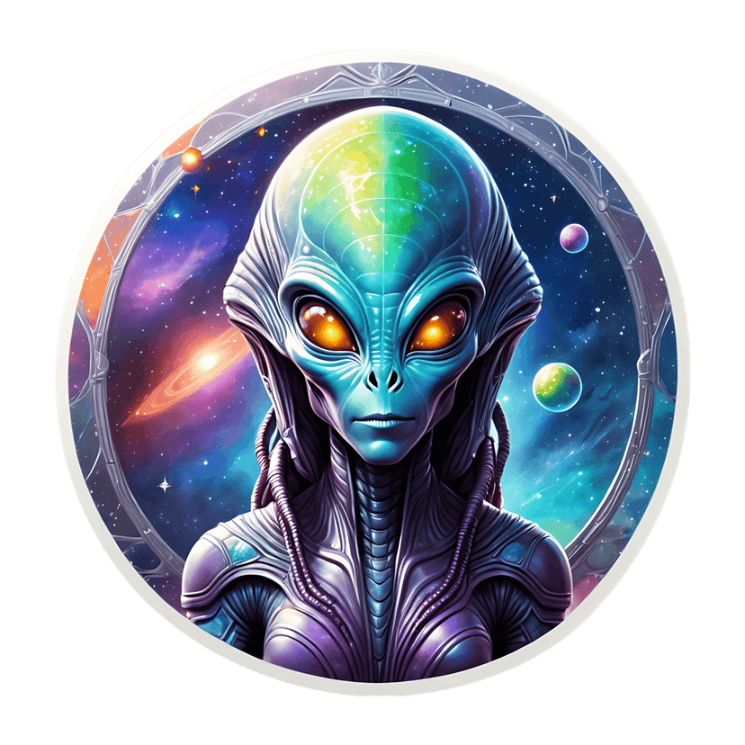 Blue alien with glowing orange eyes centered in a circular starfield window featuring purple nebulae and stars.