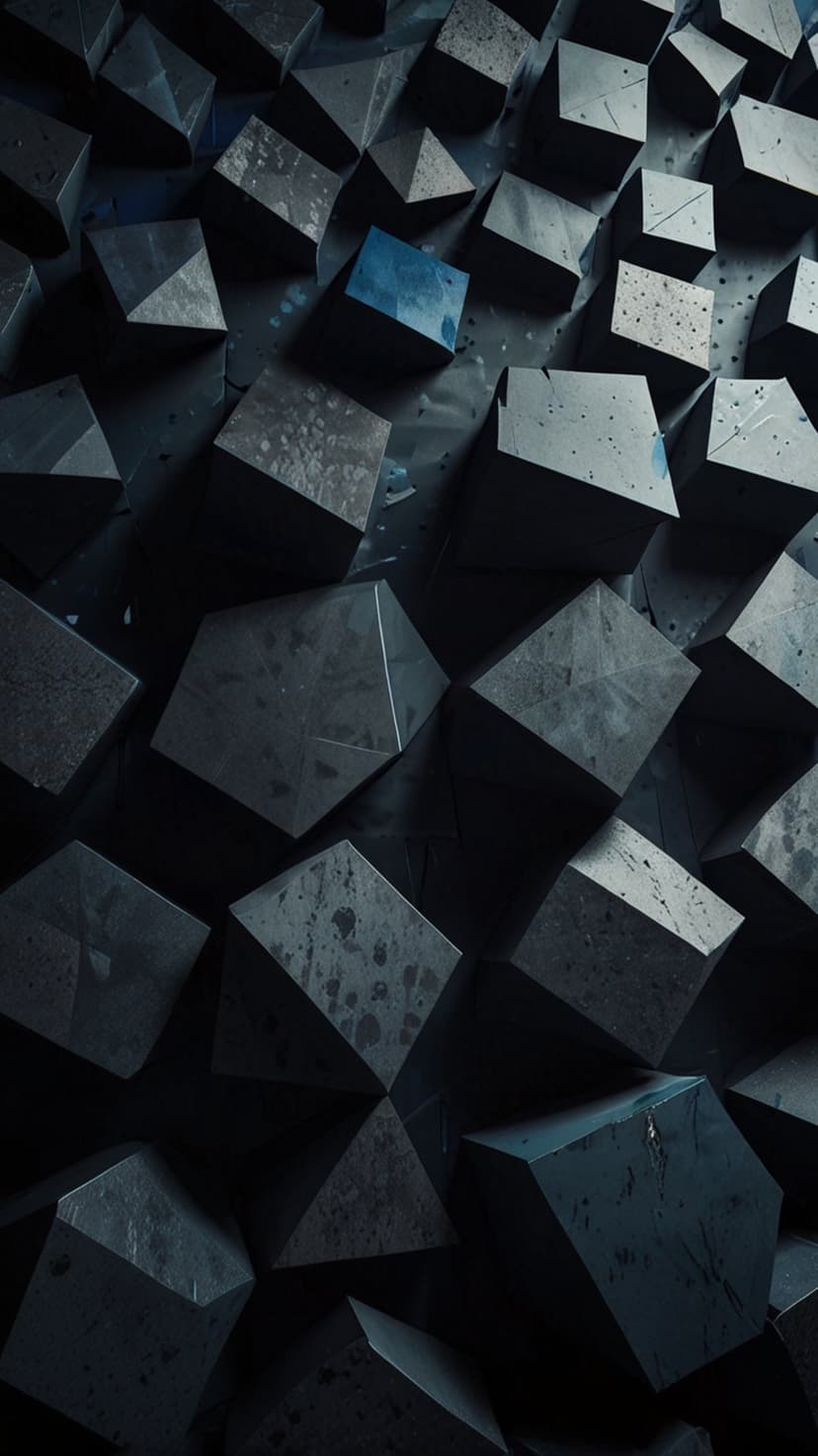 Dark stone cubes with a single vibrant blue block arranged in a dense pile with deep shadows and highlights.