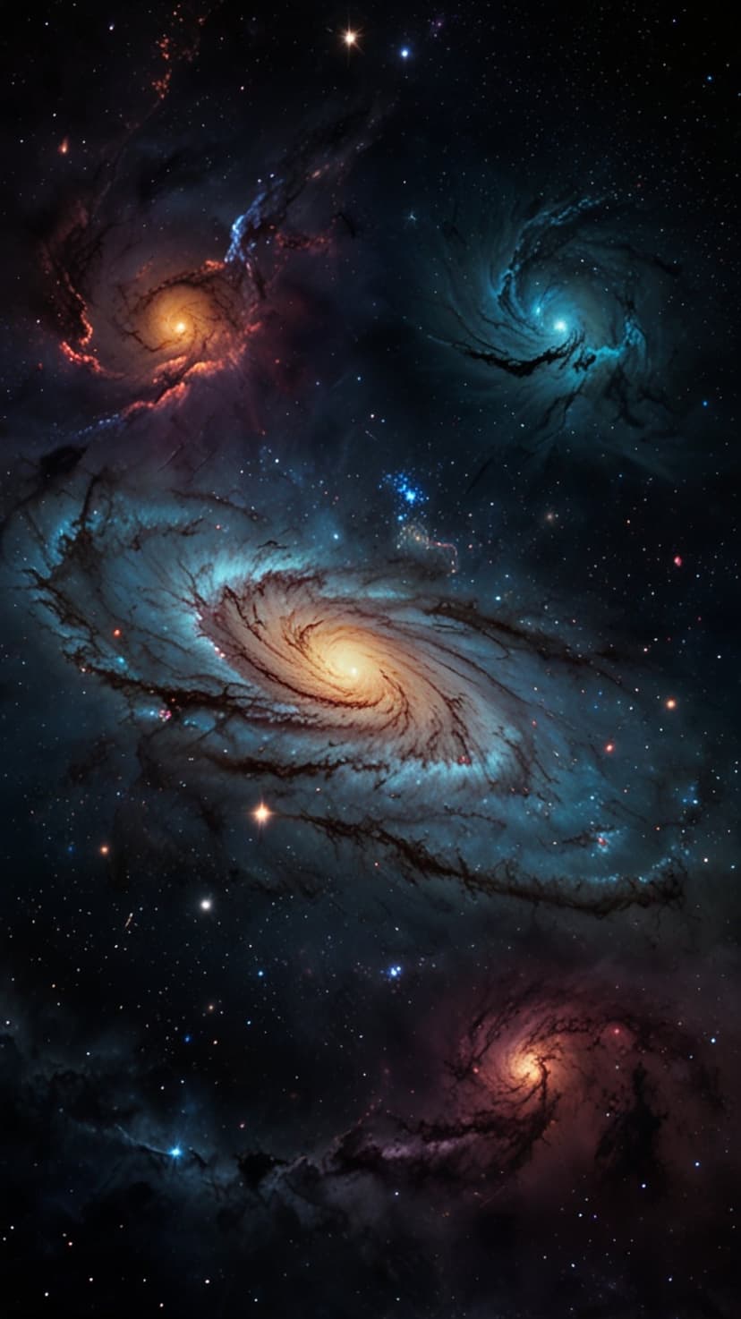 Blue and yellow spiral galaxy dominates a star-filled cosmic vista with orange nebulas and distant star clusters.