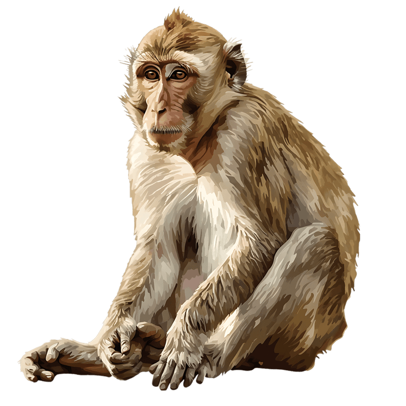 Realistic brown monkey sitting on black background with hands clasped, displaying detailed fur and brown eyes.
