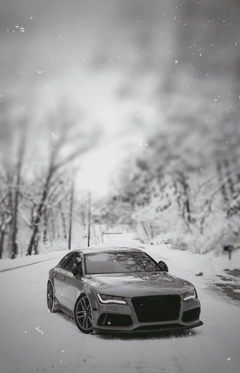 Audi sedan parked on a snow-covered road within a monochrome winter forest during a light snowfall.