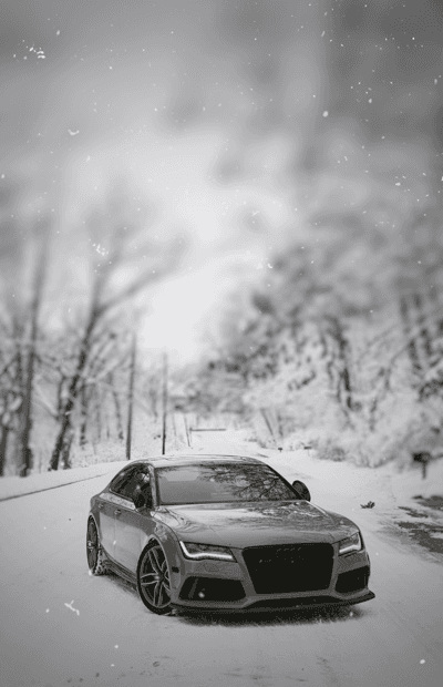 Audi car in snow winter forest road black and white