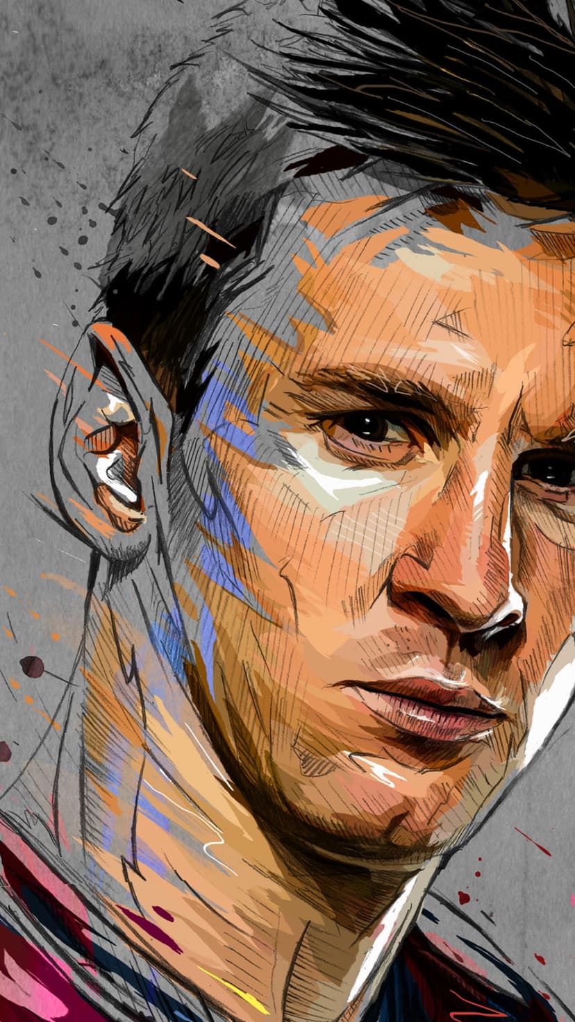Lionel Messi faces forward with an intense expression, featuring bold brushstrokes and vibrant saturated colors.
