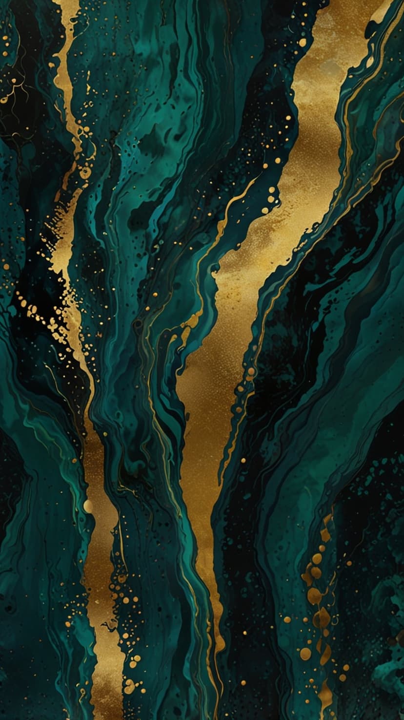 Emerald green and gold swirling marble veins flow in a dynamic liquid pattern across the vertical composition.