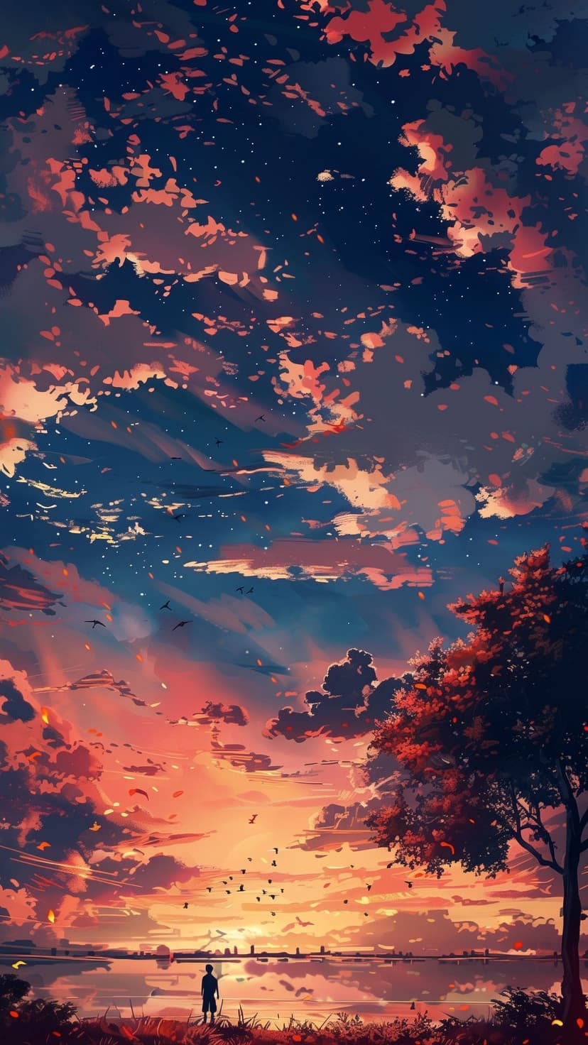 A lone person stands beside a calm lake under a vibrant orange sunset sky with twinkling stars and flying birds.