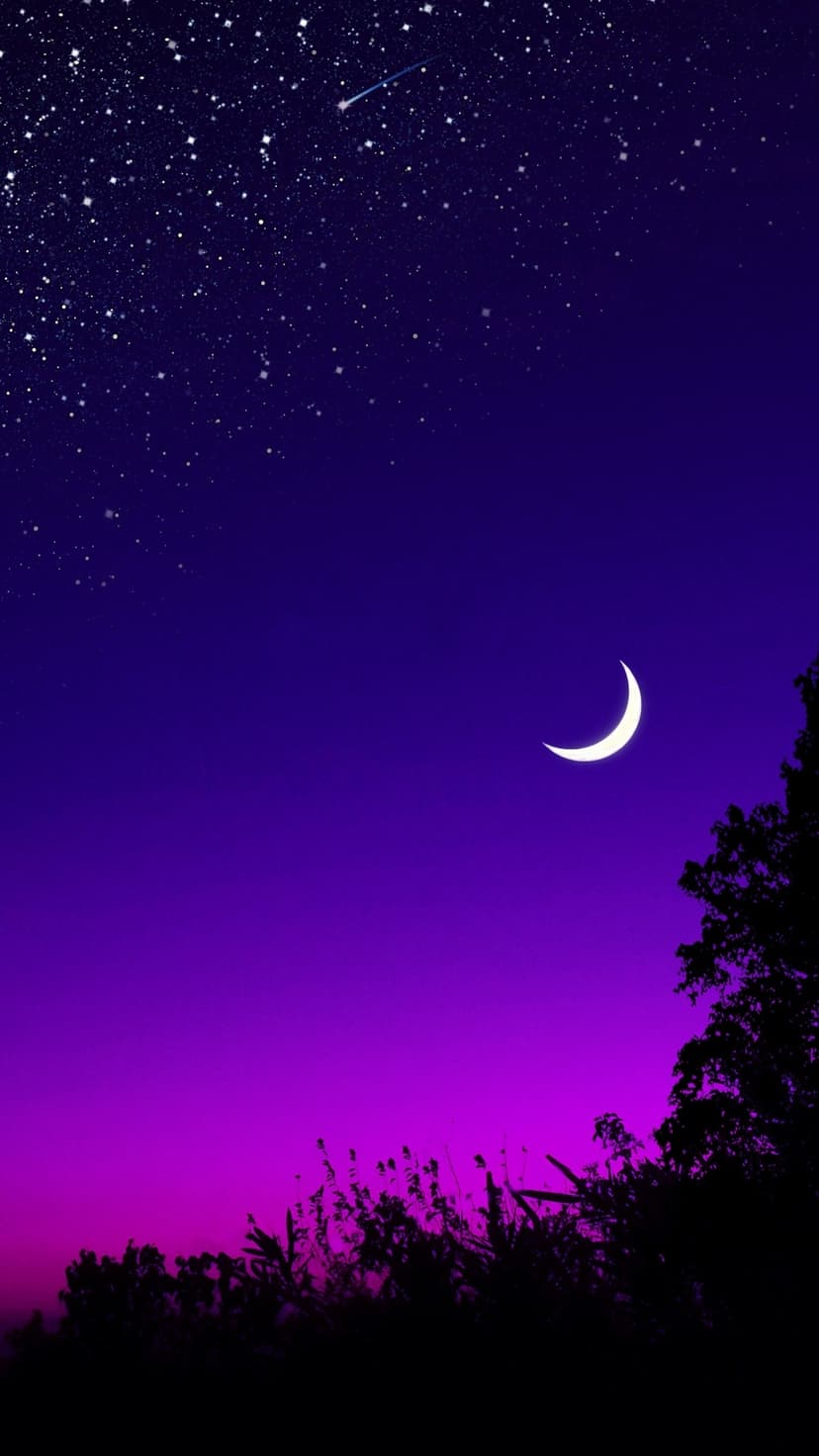Slender crescent moon and a shooting star over dark tree silhouettes in a gradient purple and blue night sky.