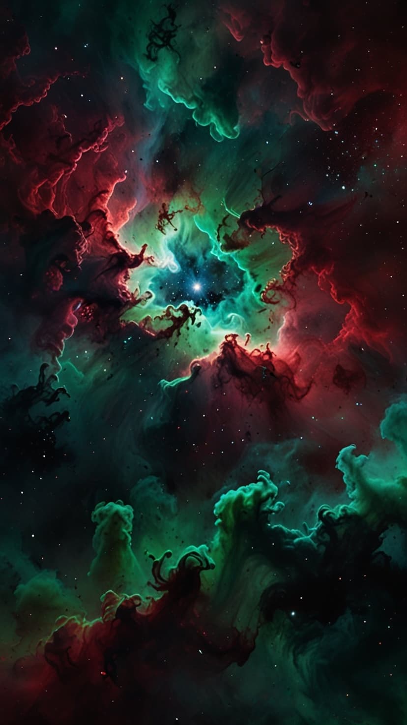 Red and green nebula clouds swirling around a glowing white star amidst a vast field of tiny distant stars.