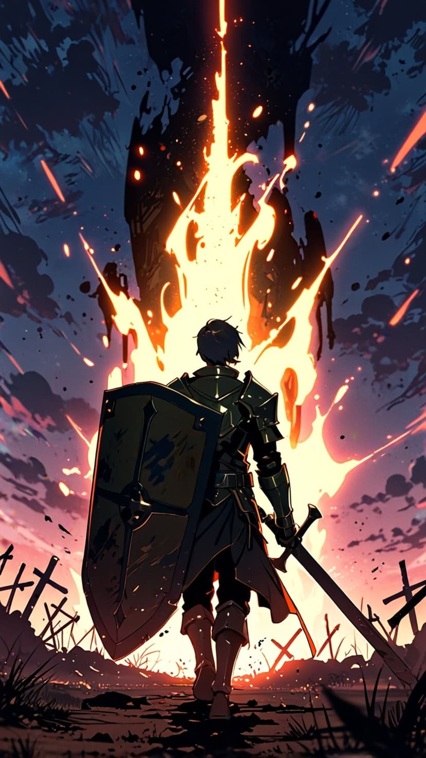 Knight in full armor raises a shield toward a massive fire pillar on a cross-strewn battlefield at twilight.